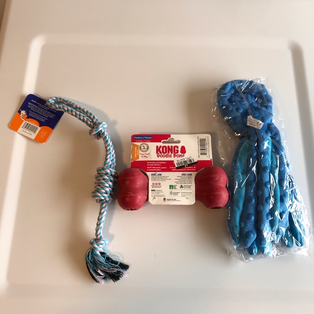 Kong Medium Goodie Bone + Crinkle Squeaker No Stuffing Octopus + Rope Dog Toy - Picture 2 of 9